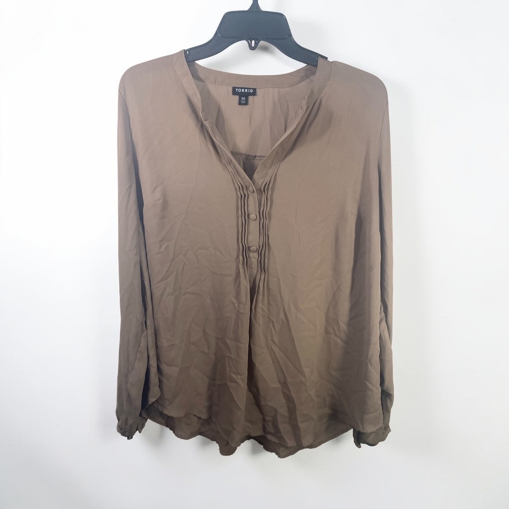 Torrid Womens 00 Brown Pintuck V-Neck Long Sleeve Blouse Top